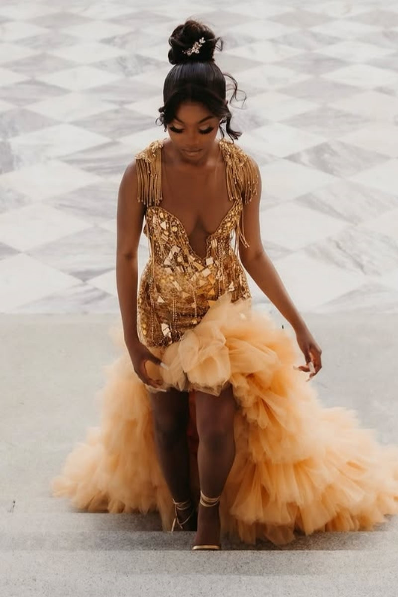 Beautiful Champion Beadings Deep V-Neck Split Ruffled Tulle Prom Dresses with Fringe