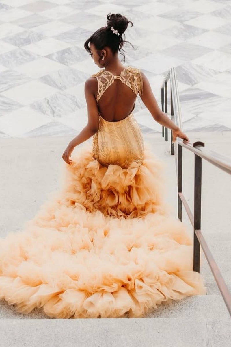 Beautiful Champion Beadings Deep V-Neck Split Ruffled Tulle Prom Dresses with Fringe