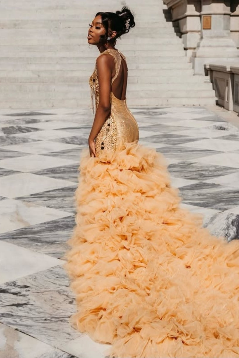 Beautiful Champion Beadings Deep V-Neck Split Ruffled Tulle Prom Dresses with Fringe