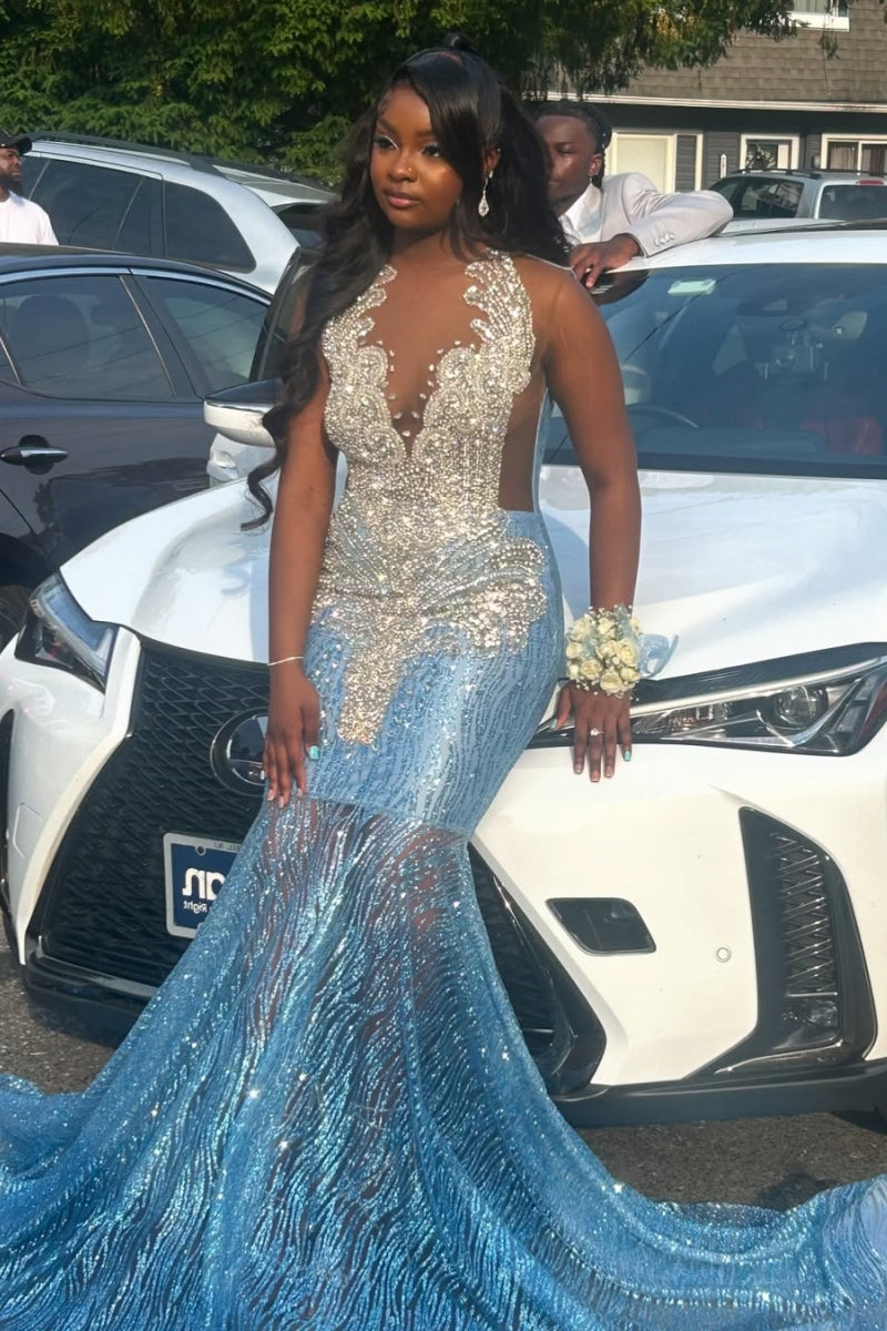 Modern Sleeveless Beadings Blue Mermaid Sequins Tulle Prom Dresses