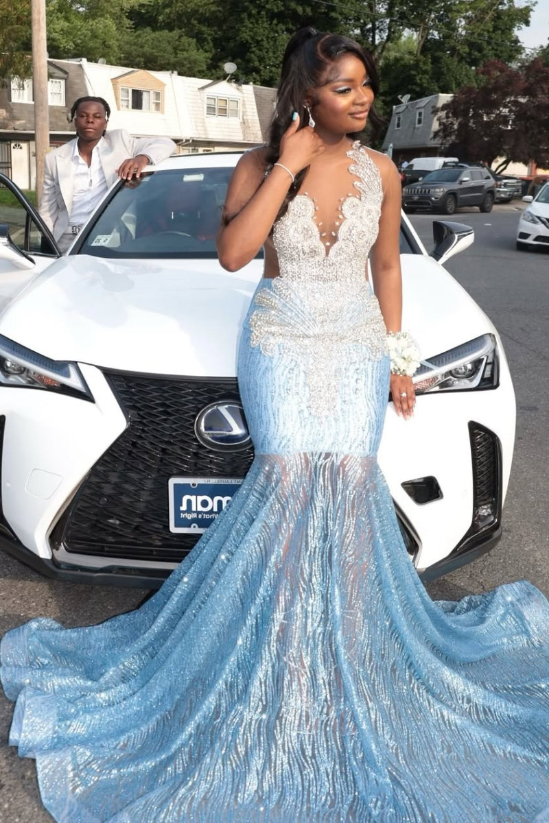 Modern Sleeveless Beadings Blue Mermaid Sequins Tulle Prom Dresses