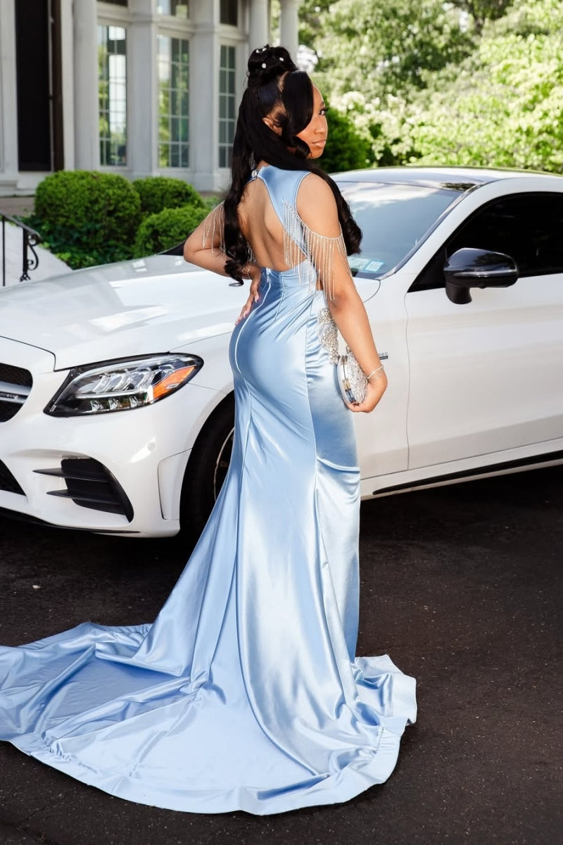 Fancy Blue Sleeveless Split Satin Prom Dresses WIth Silver Beadings