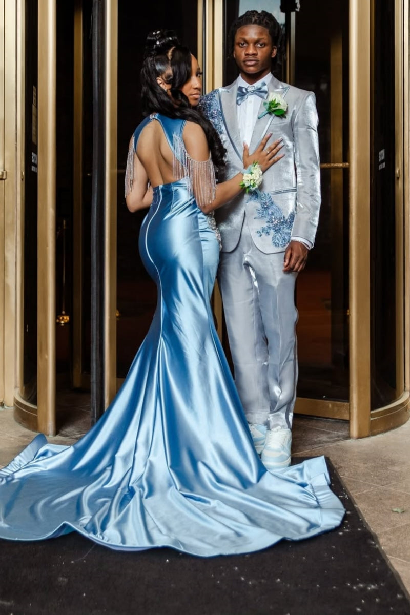Fancy Blue Sleeveless Split Satin Prom Dresses WIth Silver Beadings