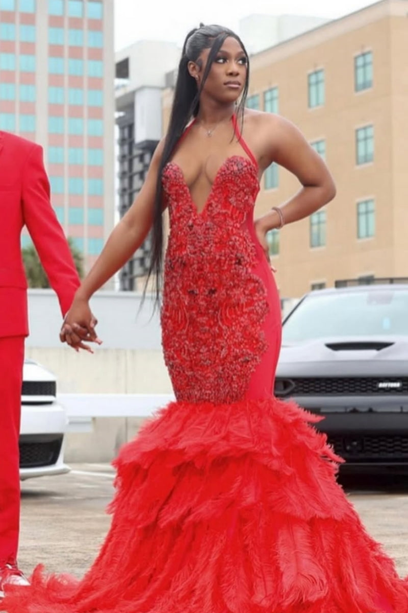 Sexy Red V Neck Halter Sleeveless Mermaid Beadings Prom Dress With Feathers
