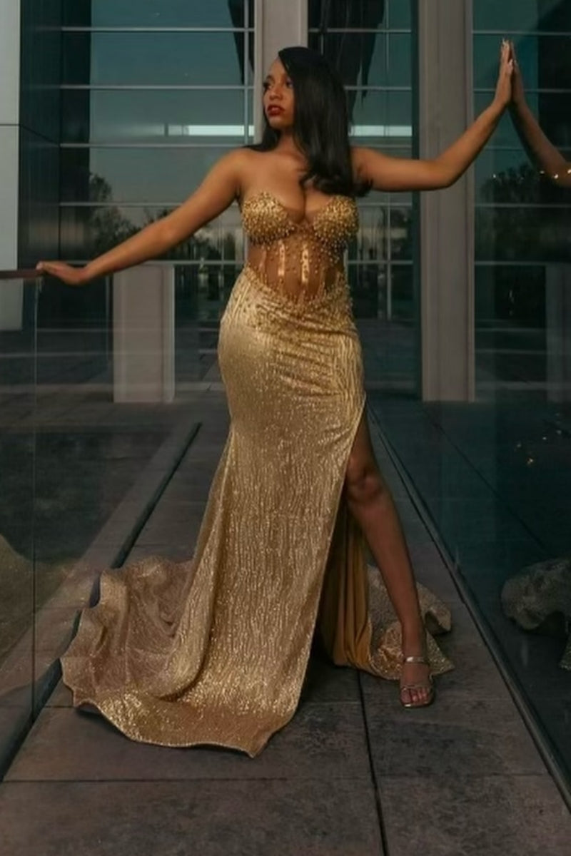 Sparkly Gold Sweetheart Sequins Side Slit Prom Dress With Beadings