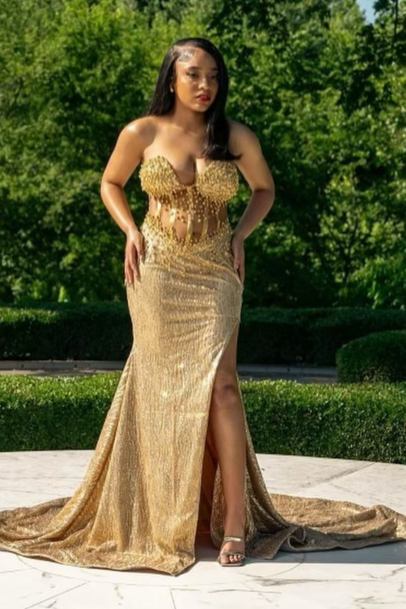 Sparkly Gold Sweetheart Sequins Side Slit Prom Dress With Beadings