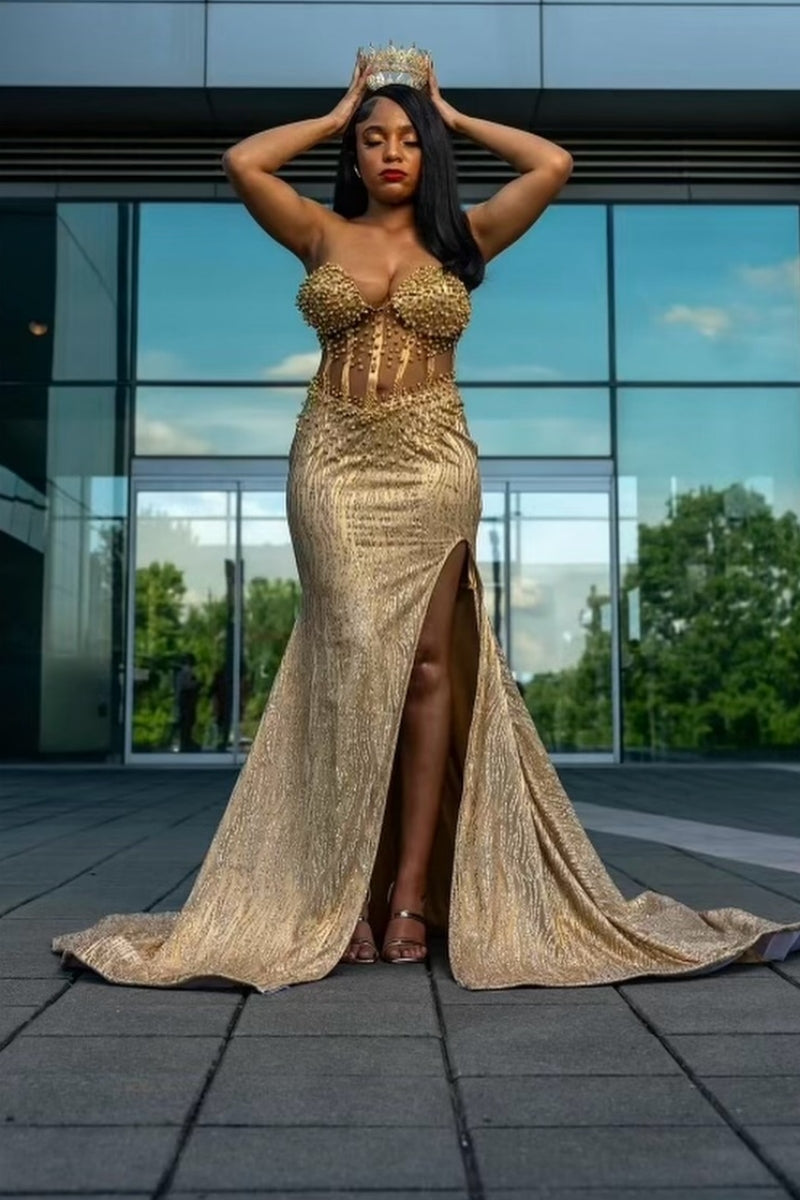 Sparkly Gold Sweetheart Sequins Side Slit Prom Dress With Beadings