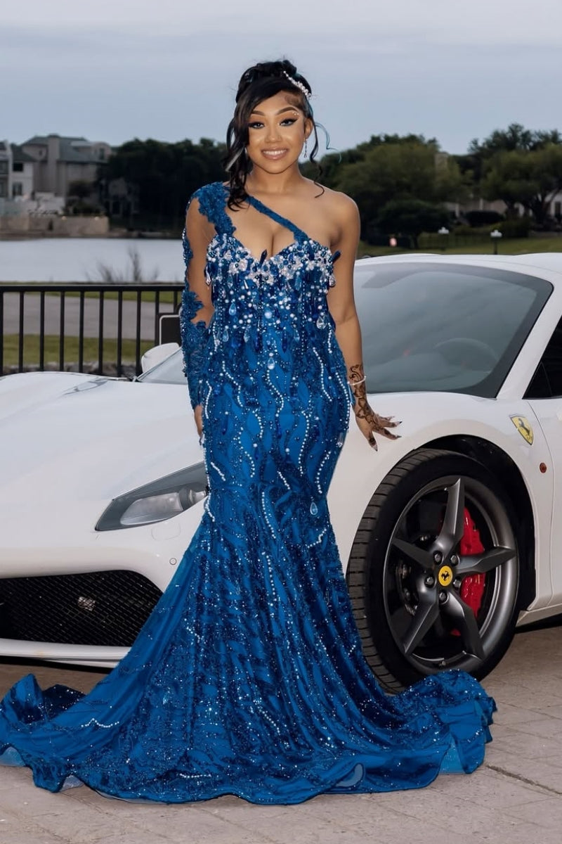 Exquisite Mermaid Blue One shoulder Pearls Beadings Prom Dress