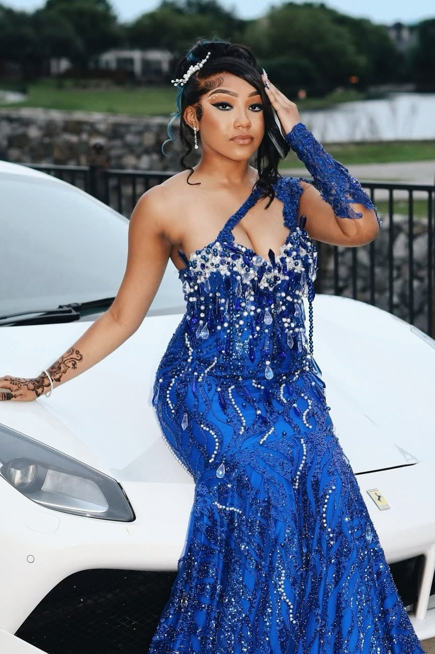 Exquisite Mermaid Blue One shoulder Pearls Beadings Prom Dress