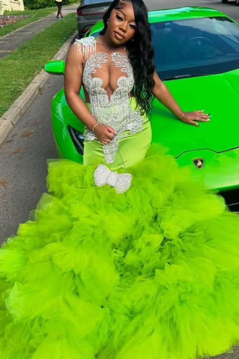 Modern Sleeveless Mermaid Green Beadings Tulle Ruffles Prom Dress