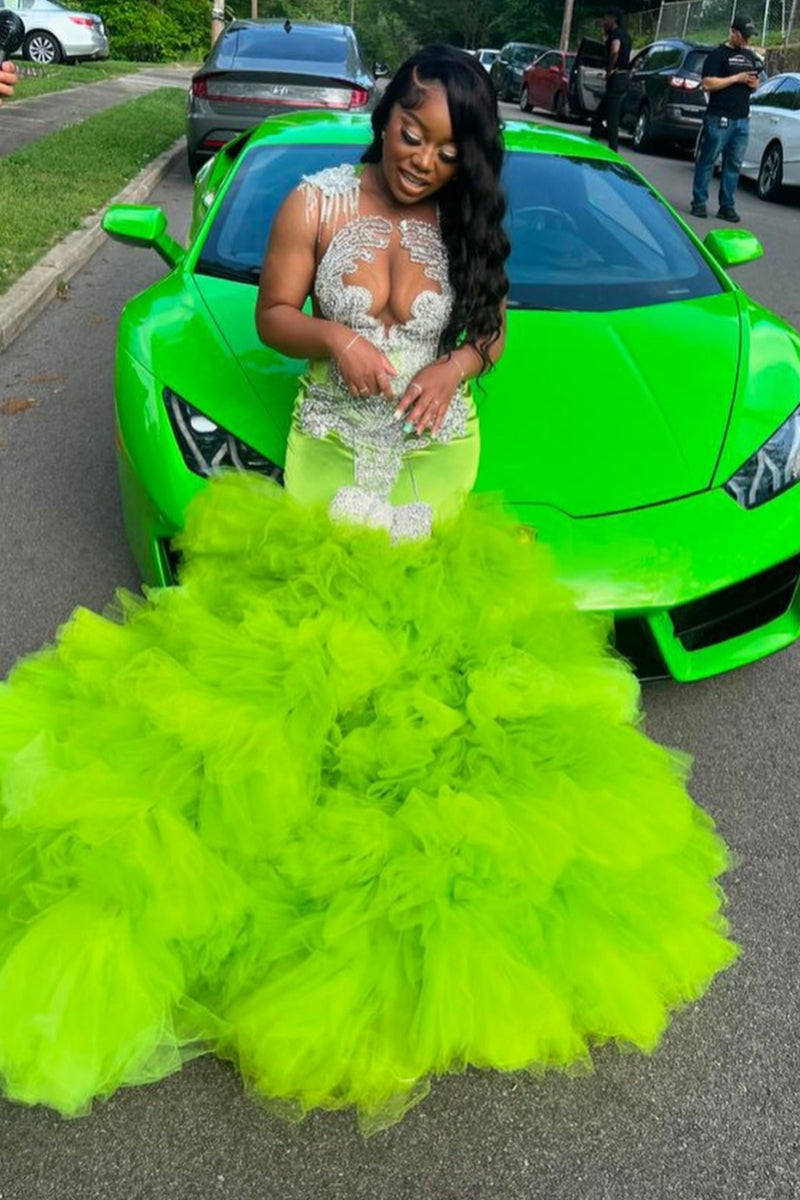 Modern Sleeveless Mermaid Green Beadings Tulle Ruffles Prom Dress