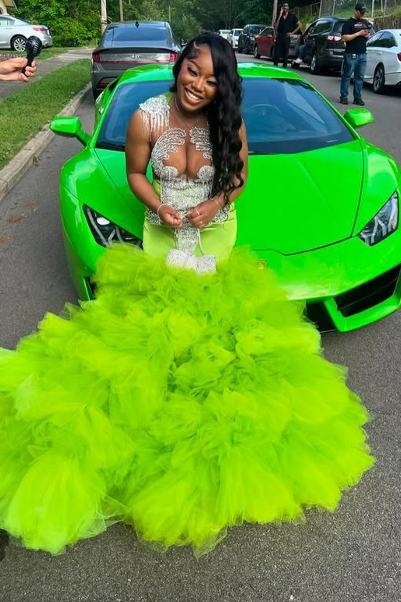 Modern Sleeveless Mermaid Green Beadings Tulle Ruffles Prom Dress