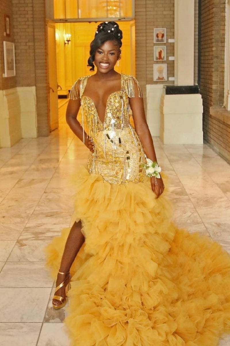 Wonderful Backless Gold Sequins V Neck Tulle Puffy Layers Prom Dress With Beadings