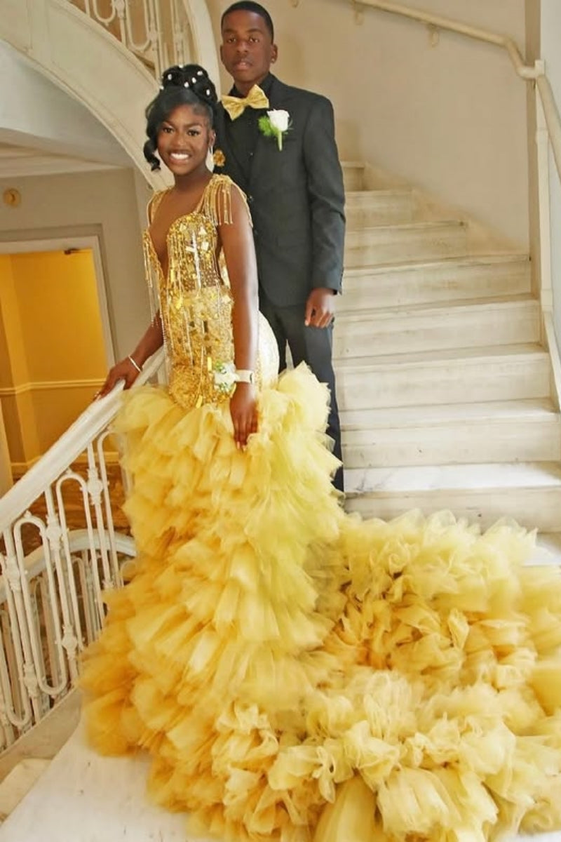 Wonderful Backless Gold Sequins V Neck Tulle Puffy Layers Prom Dress With Beadings