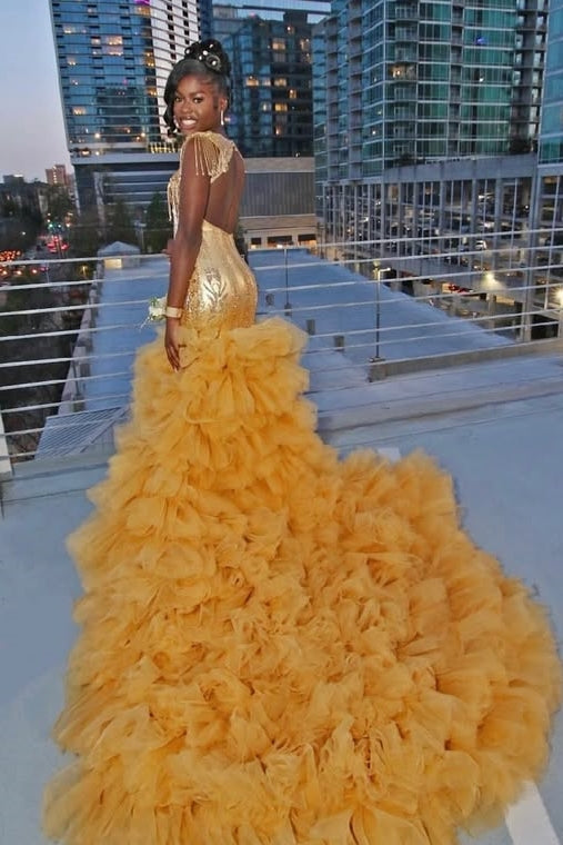 Wonderful Backless Gold Sequins V Neck Tulle Puffy Layers Prom Dress With Beadings