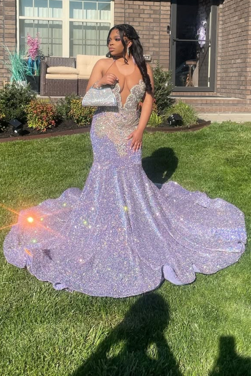 Gorgeous Mermaid Jewel Purple Sequins Beading Prom Dress