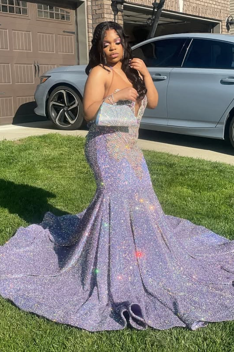 Gorgeous Mermaid Jewel Purple Sequins Beading Prom Dress