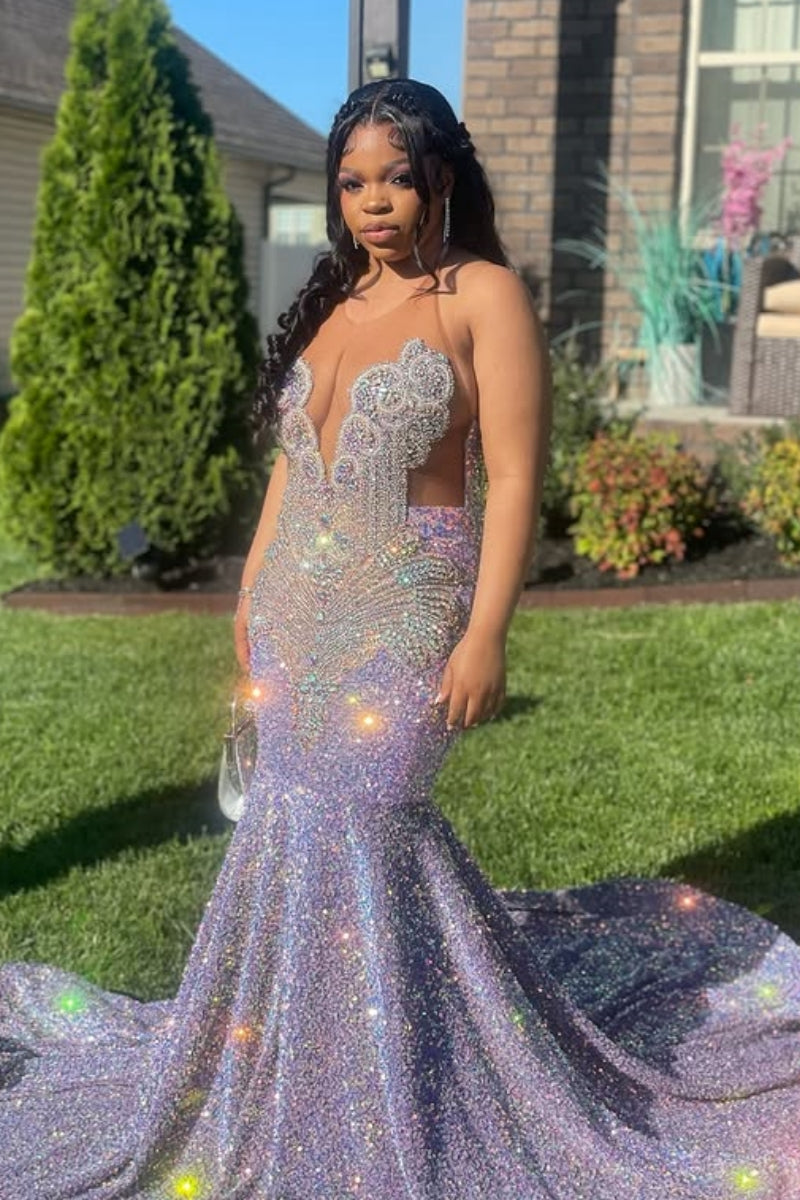 Gorgeous Mermaid Jewel Purple Sequins Beading Prom Dress