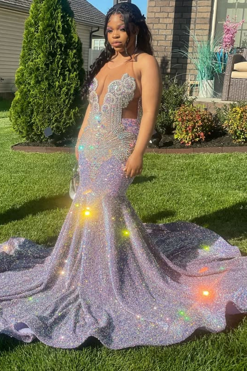 Gorgeous Mermaid Jewel Purple Sequins Beading Prom Dress