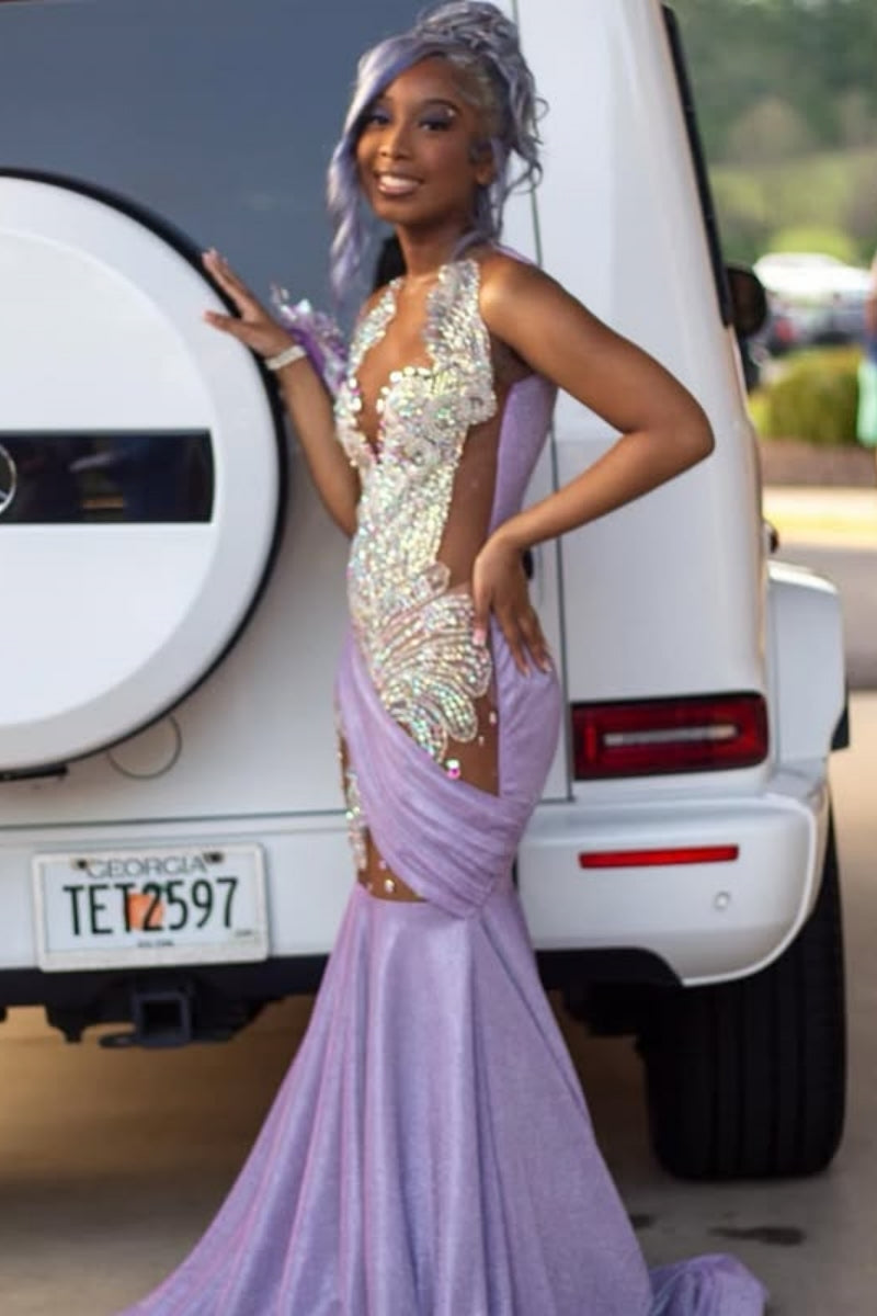 Charming Sleeveless Appliques Beaded Mermaid Purple Sequins Prom Dress