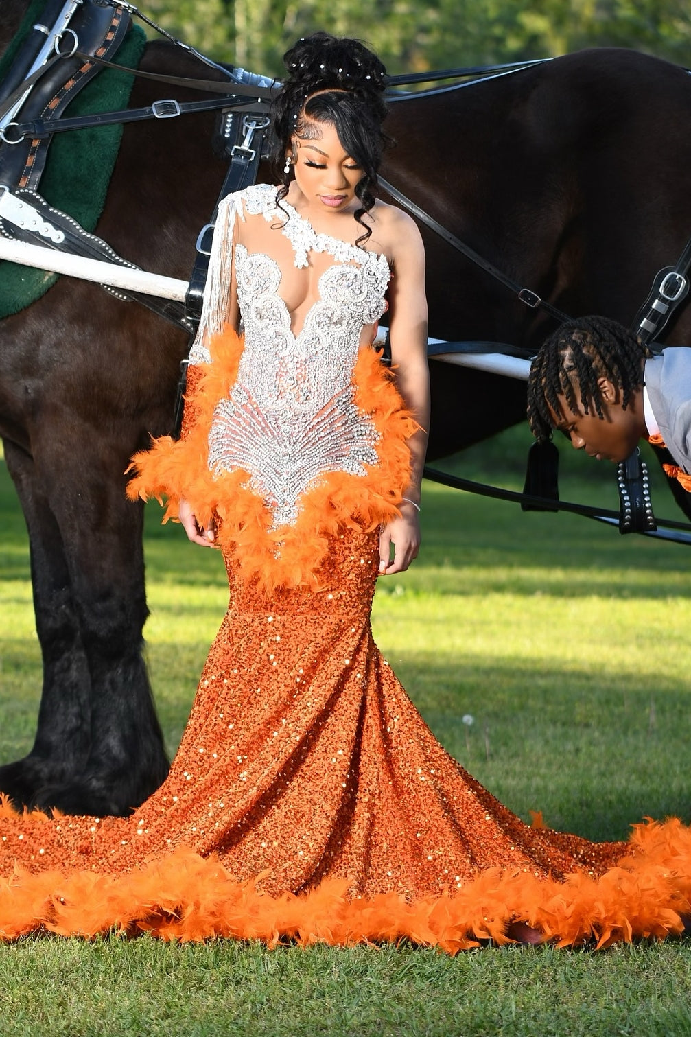 Luxury White Beading Orange Feathers Sequins Mermaid Prom Dress