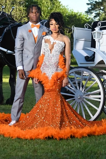 Luxury White Beading Orange Feathers Sequins Mermaid Prom Dress