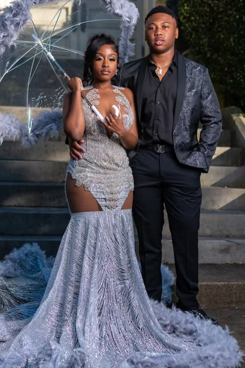 Chic Mermaid Sparkle Silver Sequins Beading Feathers Prom Dresses