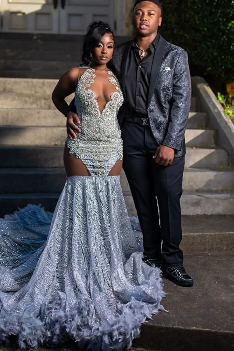 Chic Mermaid Sparkle Silver Sequins Beading Feathers Prom Dresses