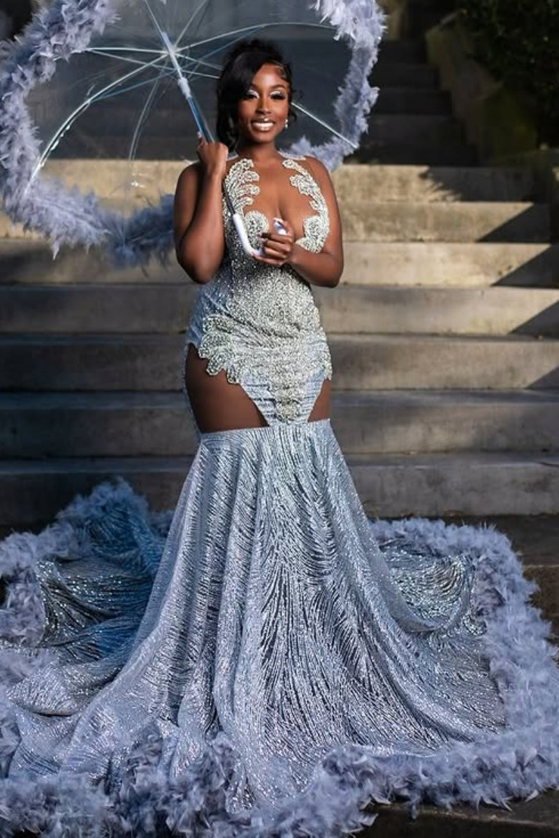 Chic Mermaid Sparkle Silver Sequins Beading Feathers Prom Dresses