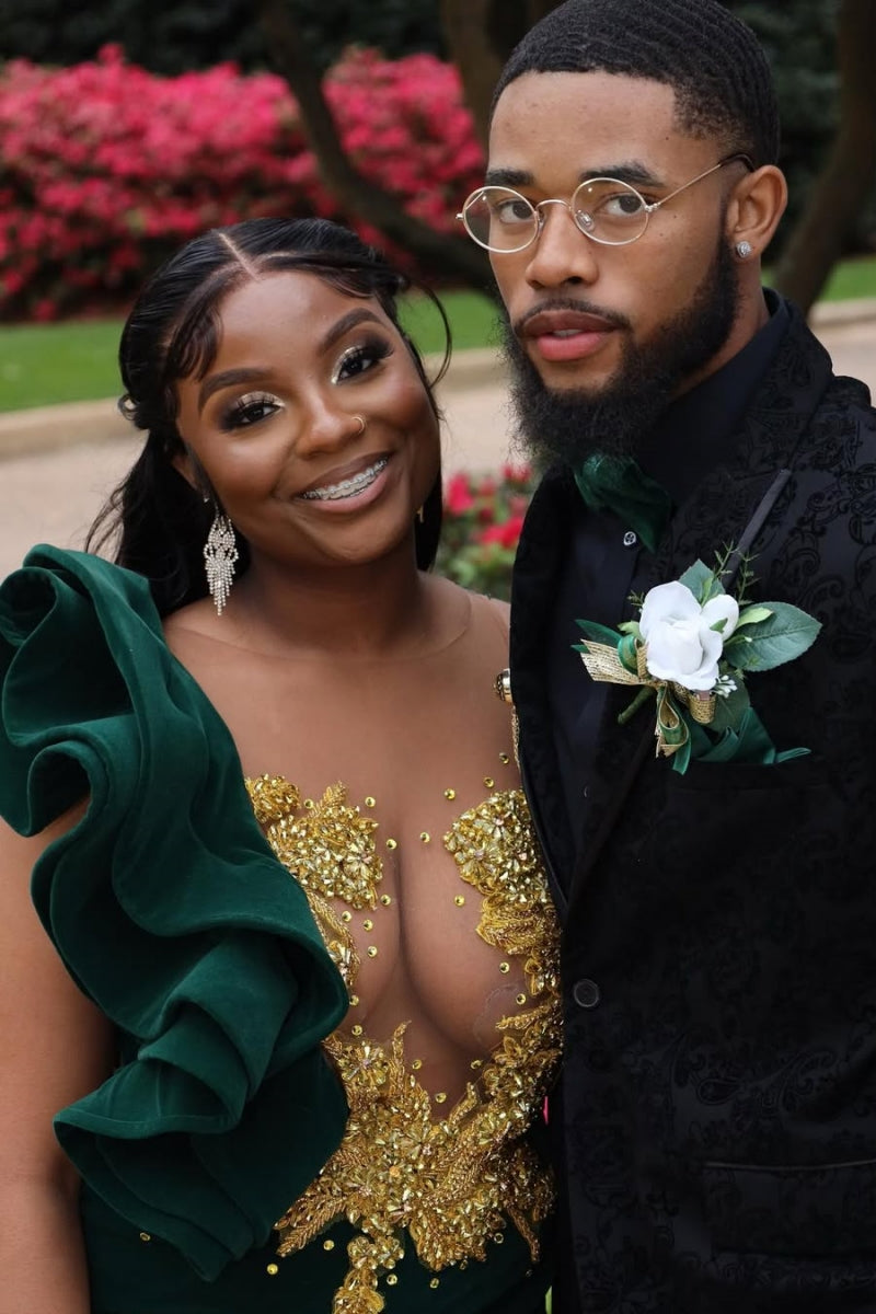 Trendy Mermaid Gold Beading Green Velvet Prom Dress