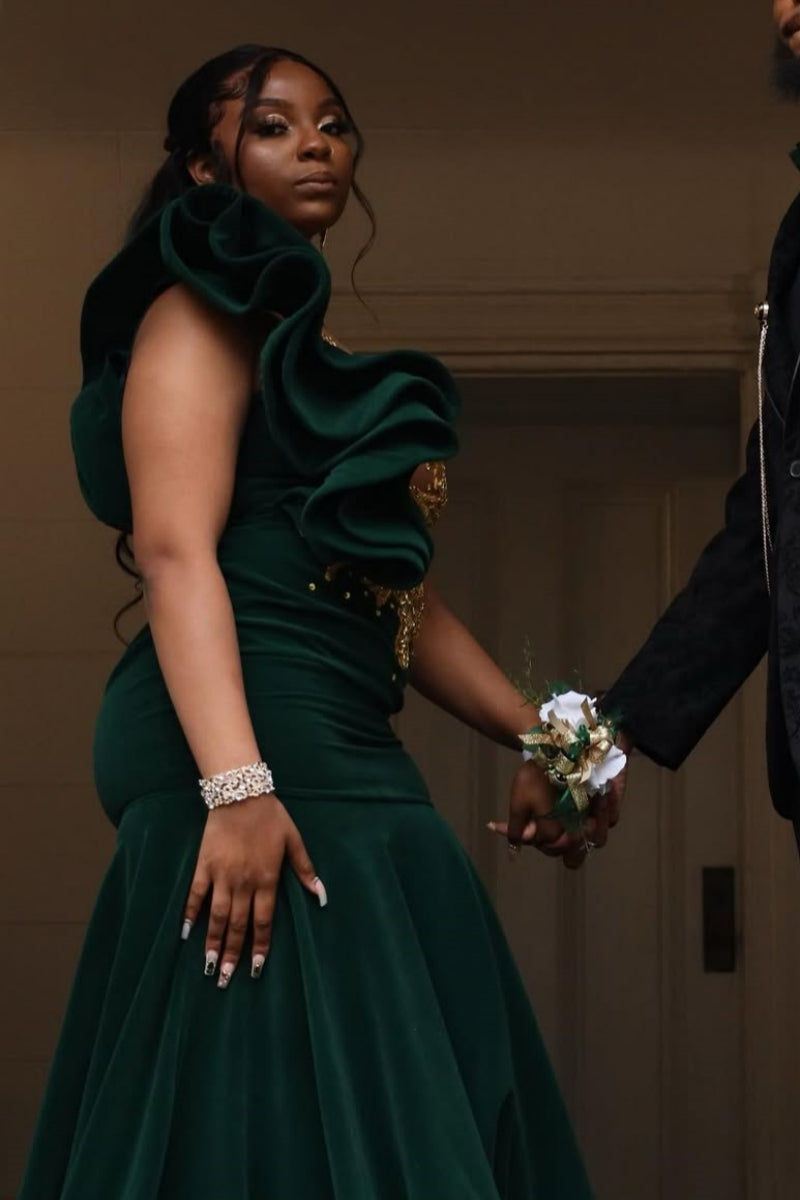 Trendy Mermaid Gold Beading Green Velvet Prom Dress