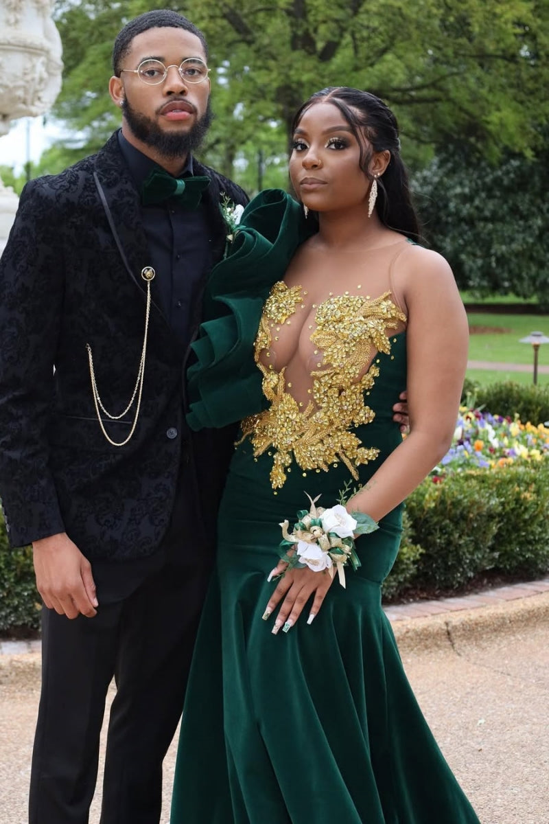 Trendy Mermaid Gold Beading Green Velvet Prom Dress