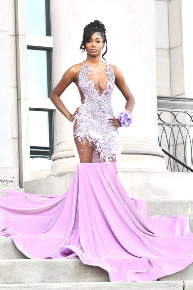 Glamorous Sleeveless Jewel Purple Beading Mermaid Velvet Prom Dress