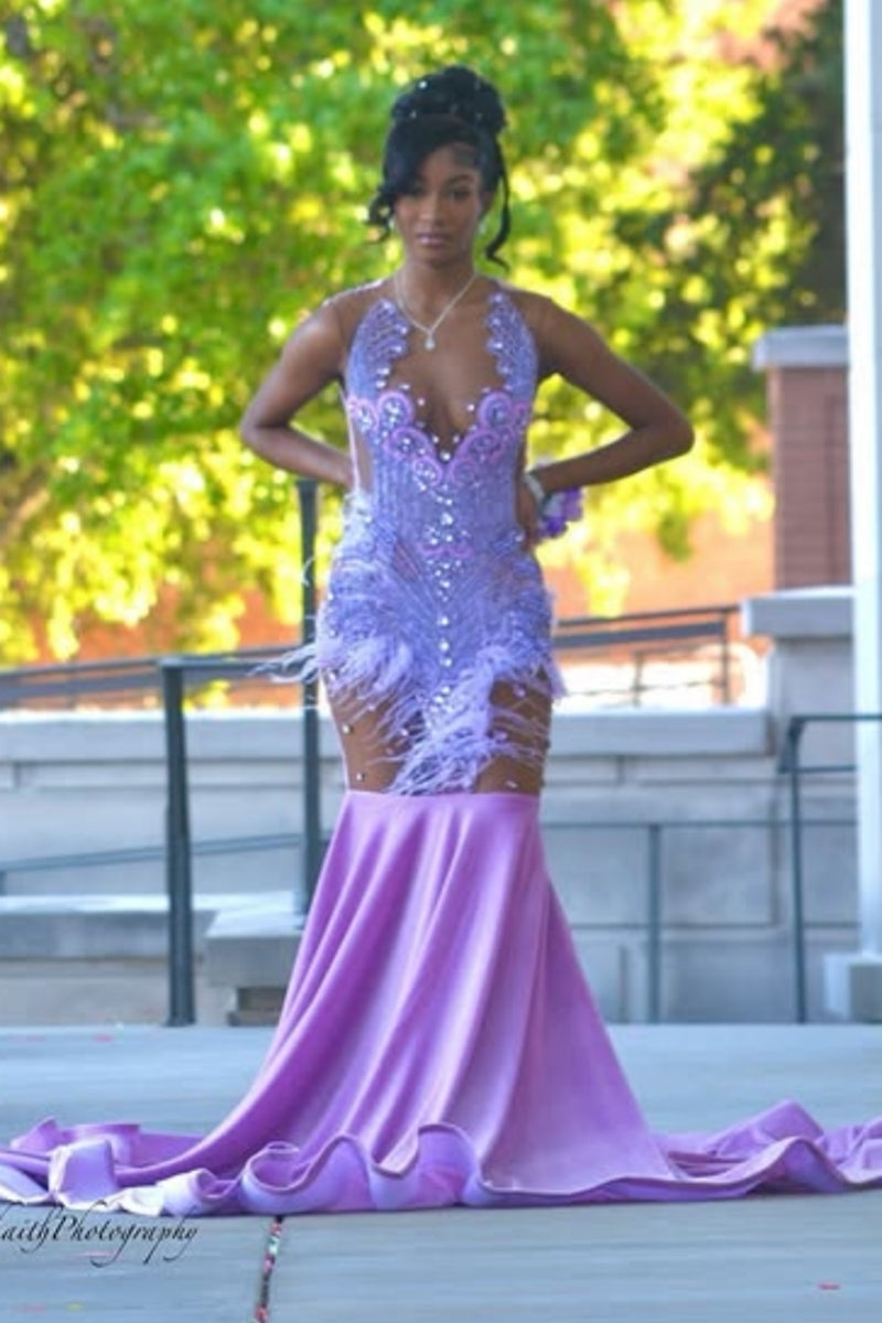 Glamorous Sleeveless Jewel Purple Beading Mermaid Velvet Prom Dress
