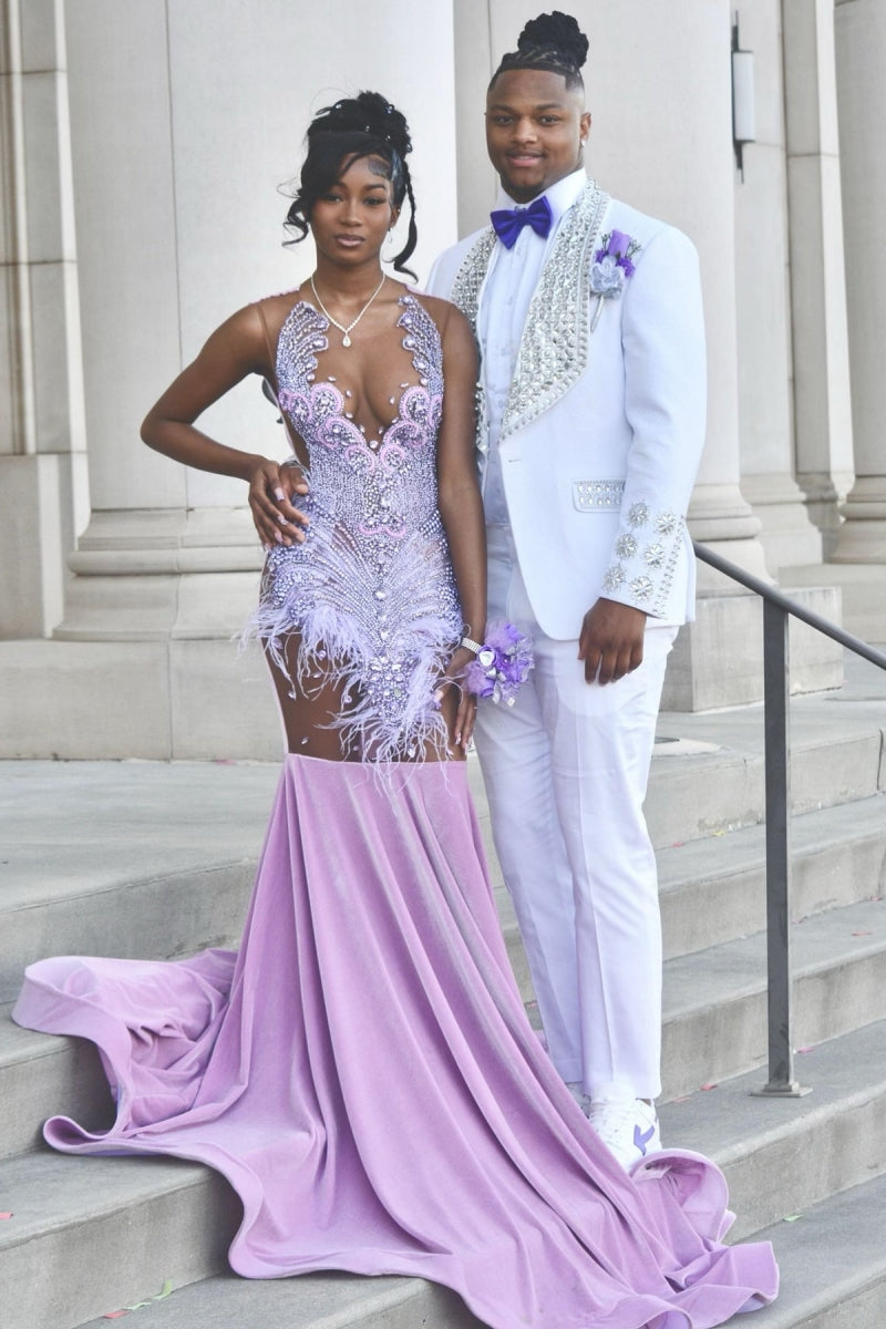 Glamorous Sleeveless Jewel Purple Beading Mermaid Velvet Prom Dress