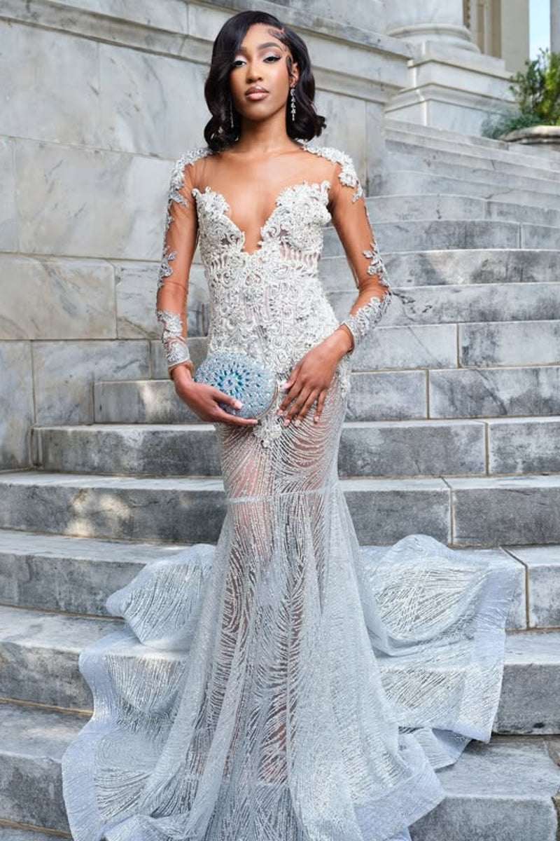 Beautiful Long Sleeves White Appliques Mermaid Sequins Prom Dress