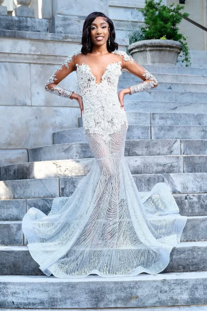 Beautiful Long Sleeves White Appliques Mermaid Sequins Prom Dress