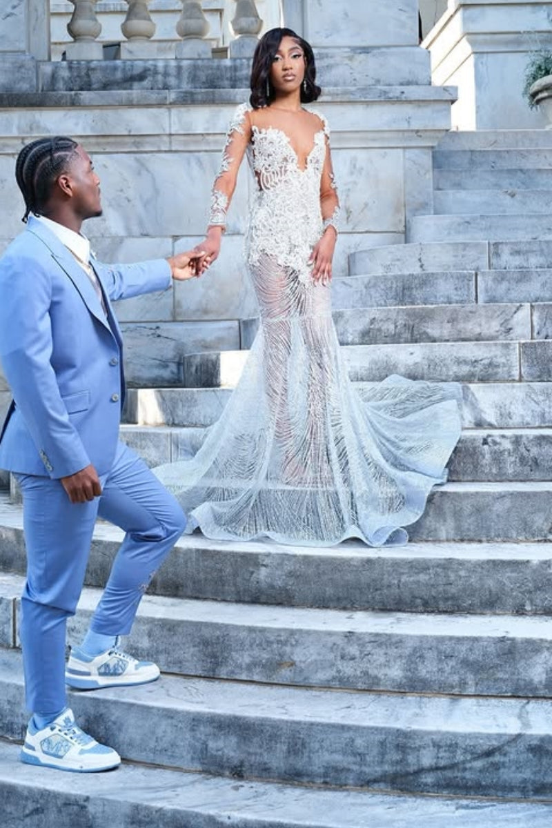 Beautiful Long Sleeves White Appliques Mermaid Sequins Prom Dress
