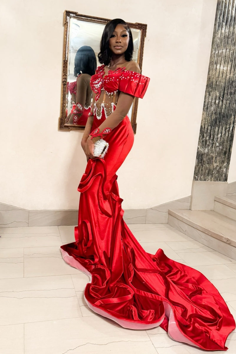 Festival Red Sheath Beading Soft Satin Ruffles Sweep Train Prom Dress