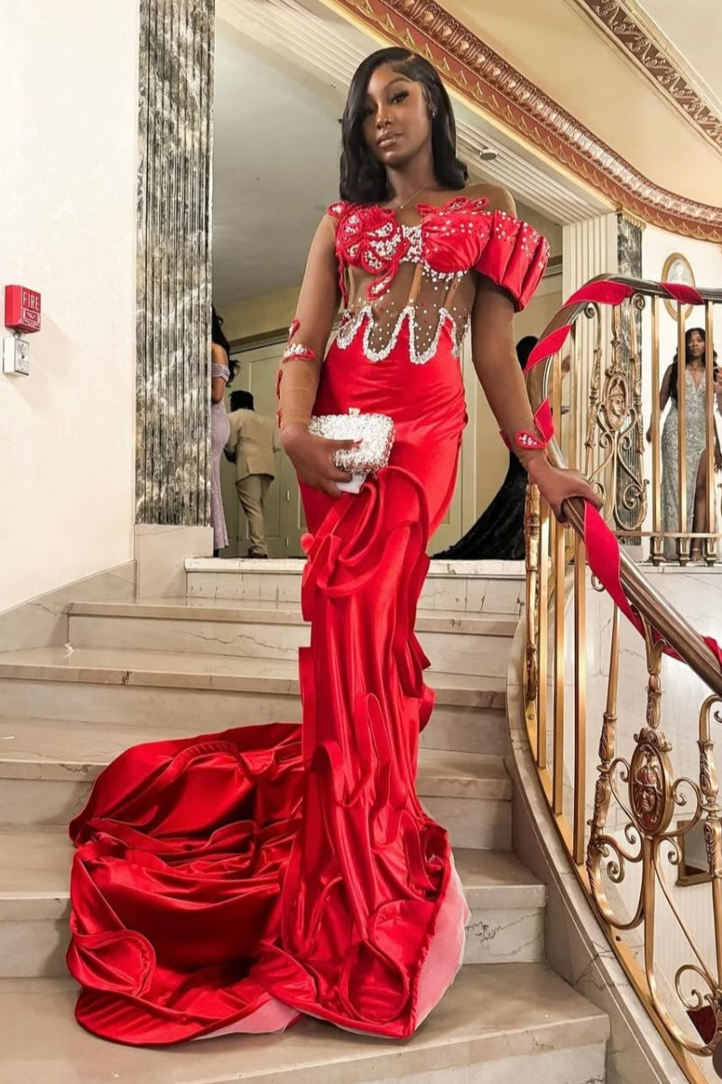 Festival Red Sheath Beading Soft Satin Ruffles Sweep Train Prom Dress