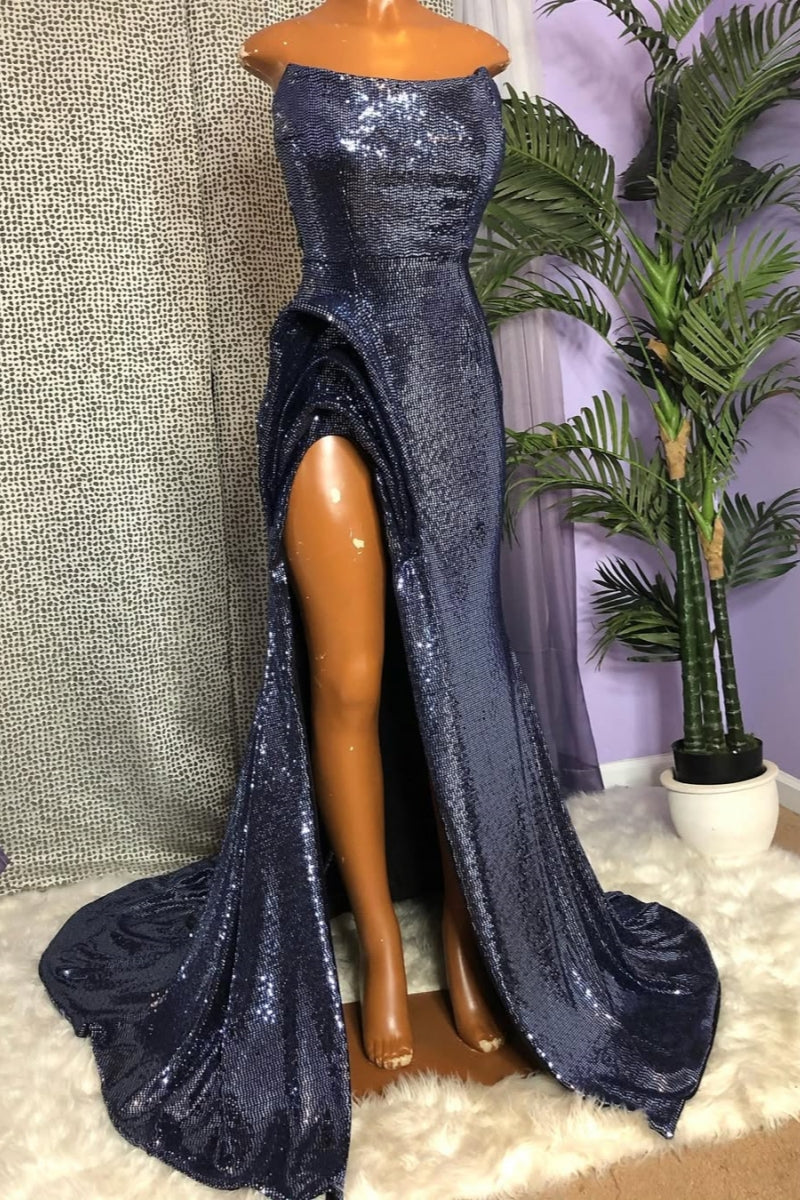 Sparkle Dark Navy Strapless Sequins High Split Prom Dress