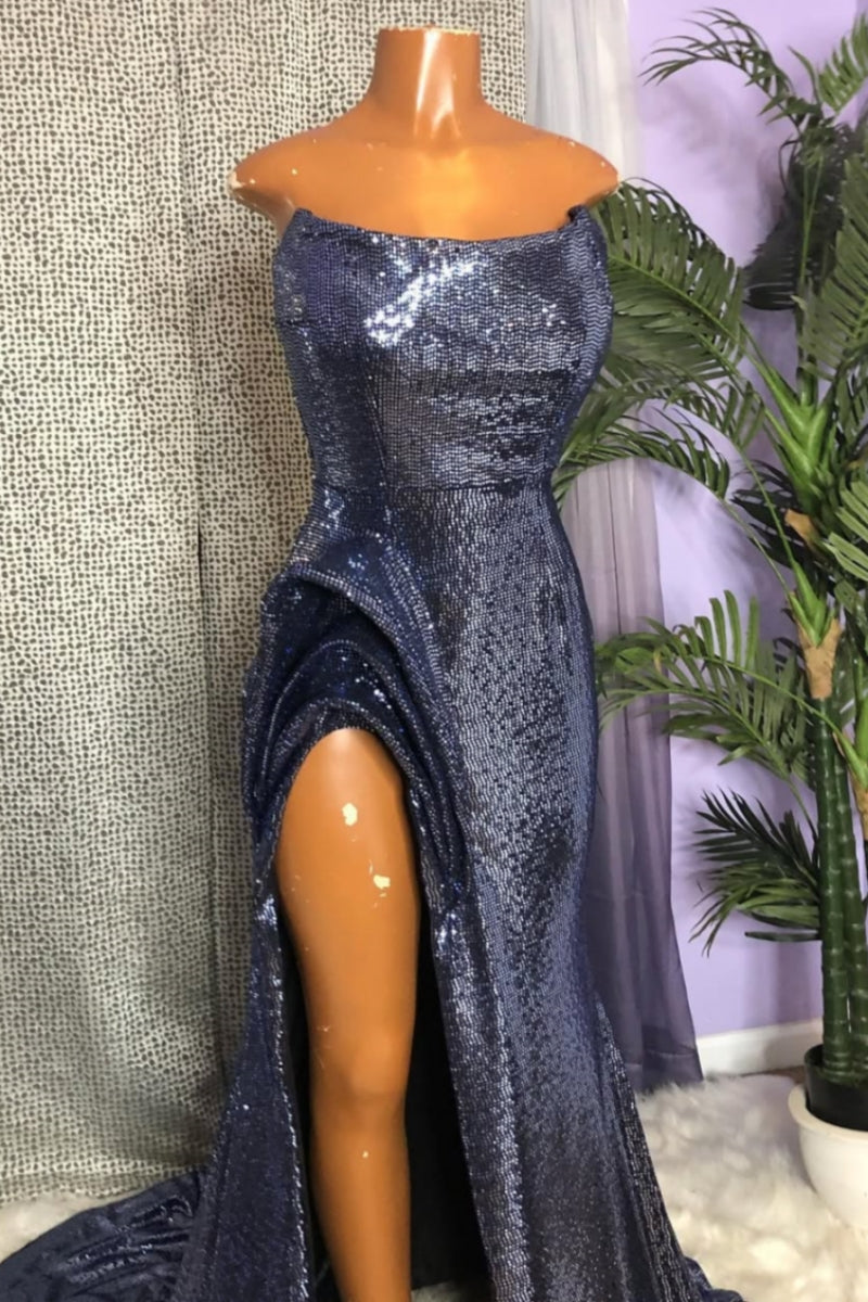 Sparkle Dark Navy Strapless Sequins High Split Prom Dress