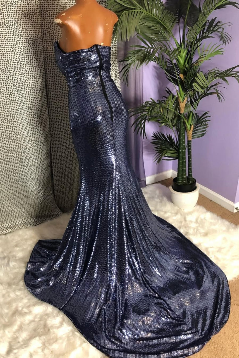 Sparkle Dark Navy Strapless Sequins High Split Prom Dress