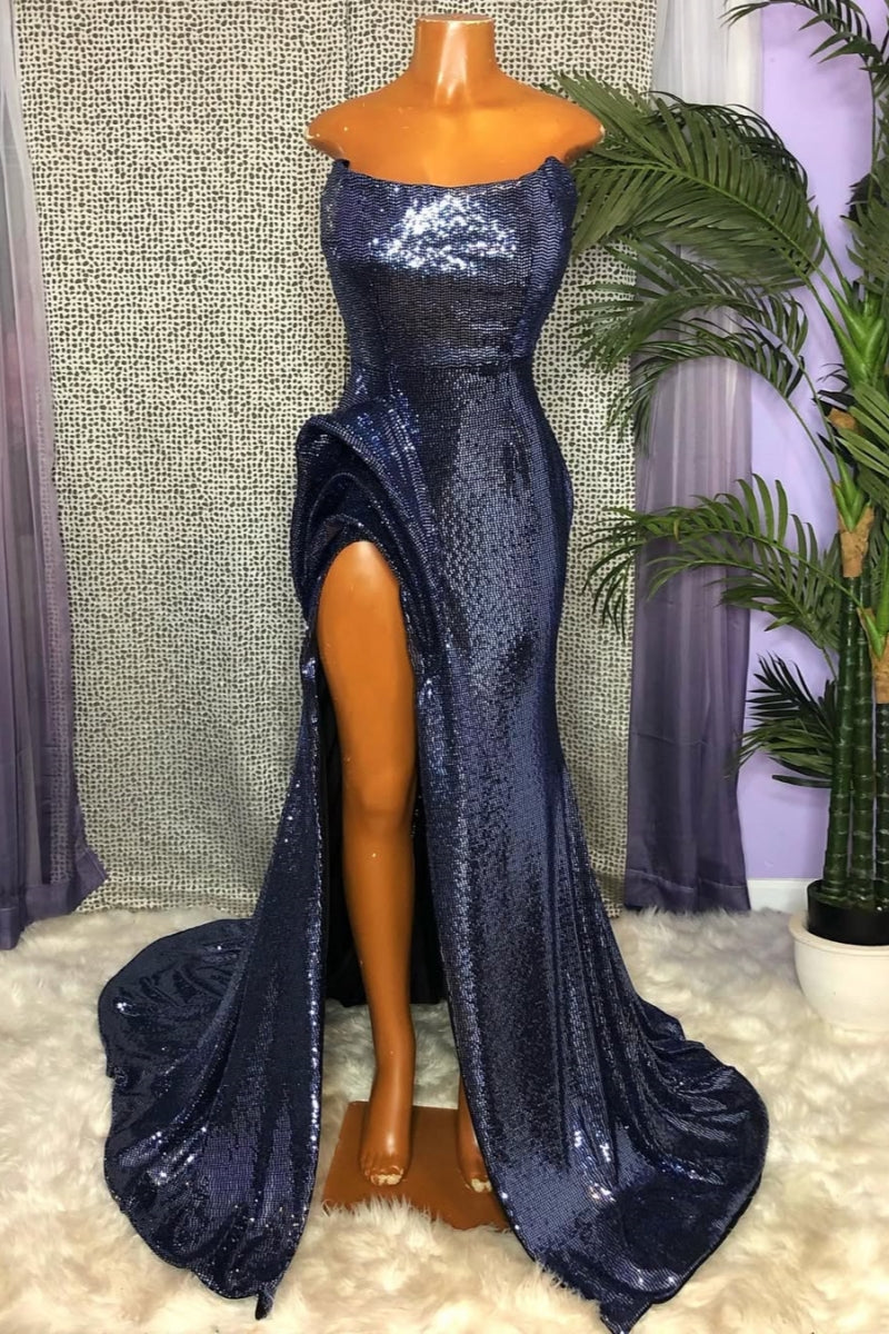 Sparkle Dark Navy Strapless Sequins High Split Prom Dress