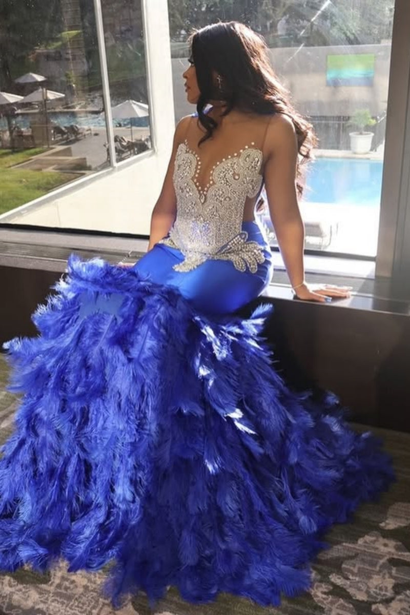 Serious White Beading Jewel Mermaid Royal Blue Prom Dress With Feathers