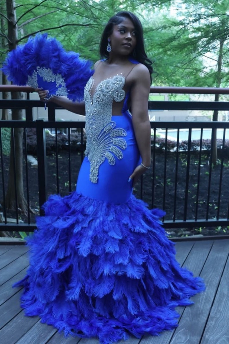 Serious White Beading Jewel Mermaid Royal Blue Prom Dress With Feathers