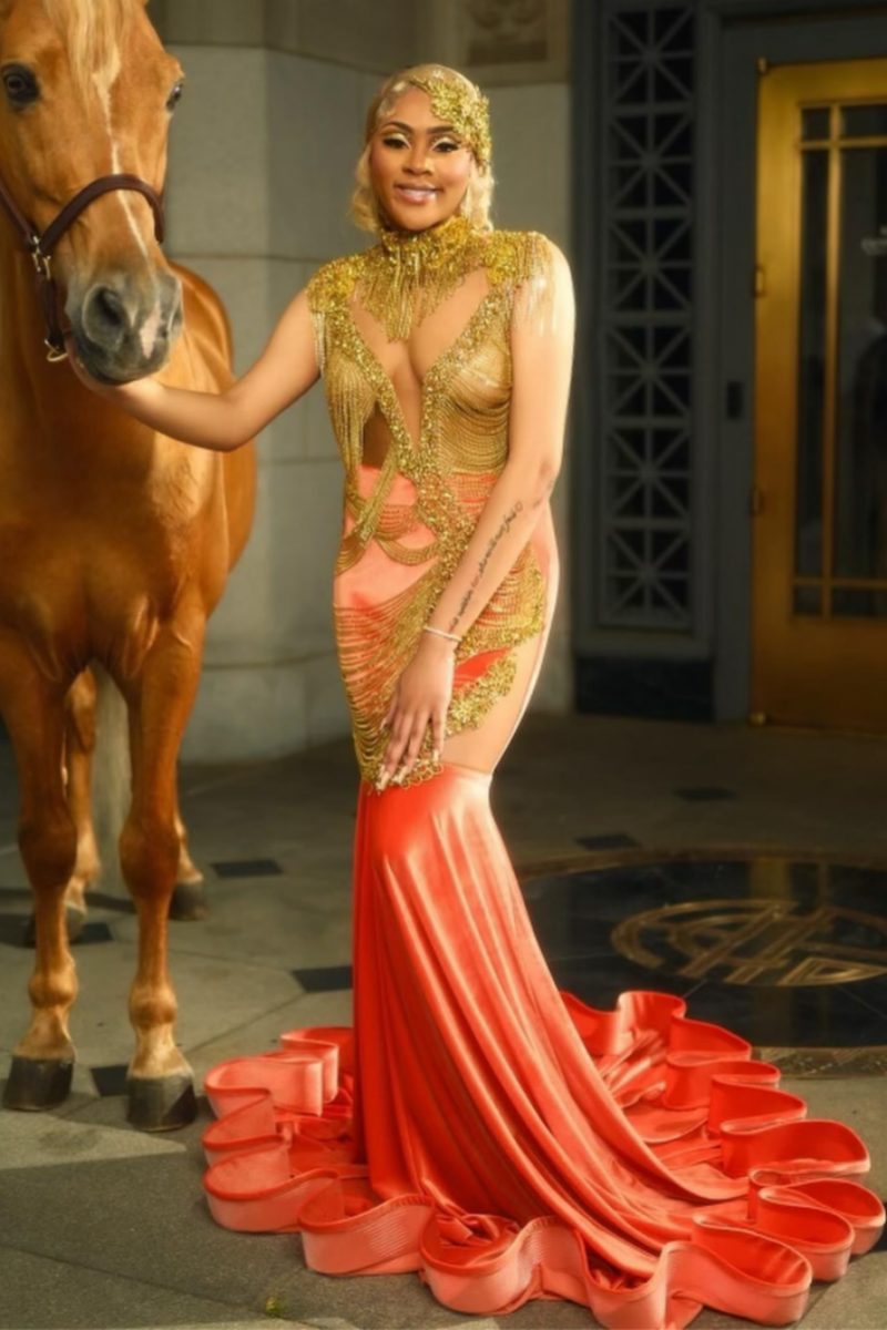 Generous Gold Beading High Neck Mermaid Orange Velvet Prom Dress