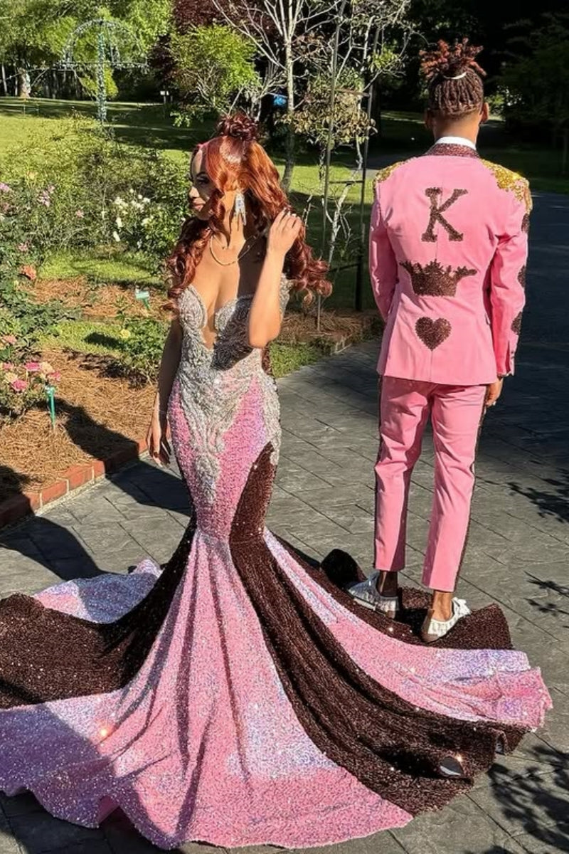 Fashion Sleeveless Mermaid White Beading Pink And Chocolate Sequins Prom Dress