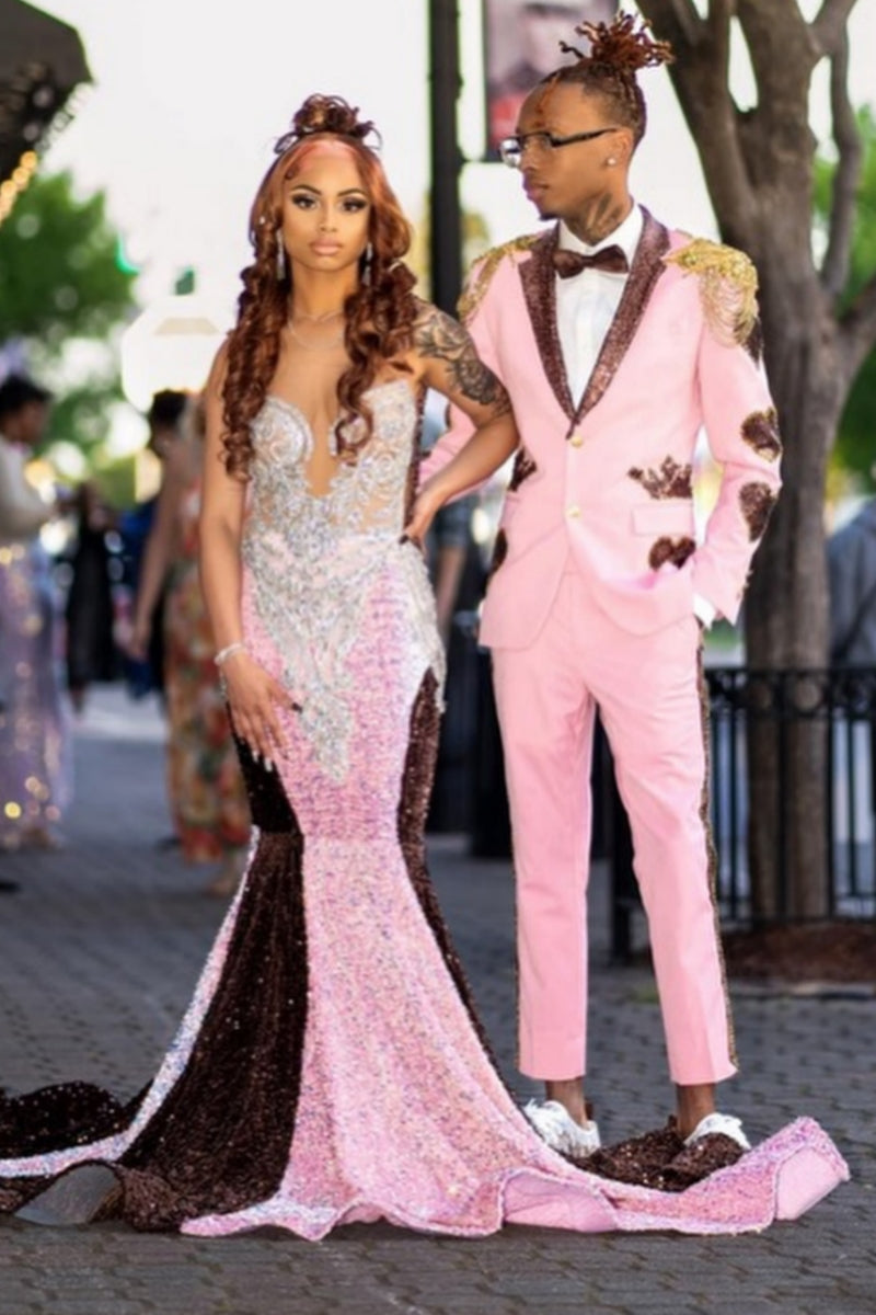 Fashion Sleeveless Mermaid White Beading Pink And Chocolate Sequins Prom Dress