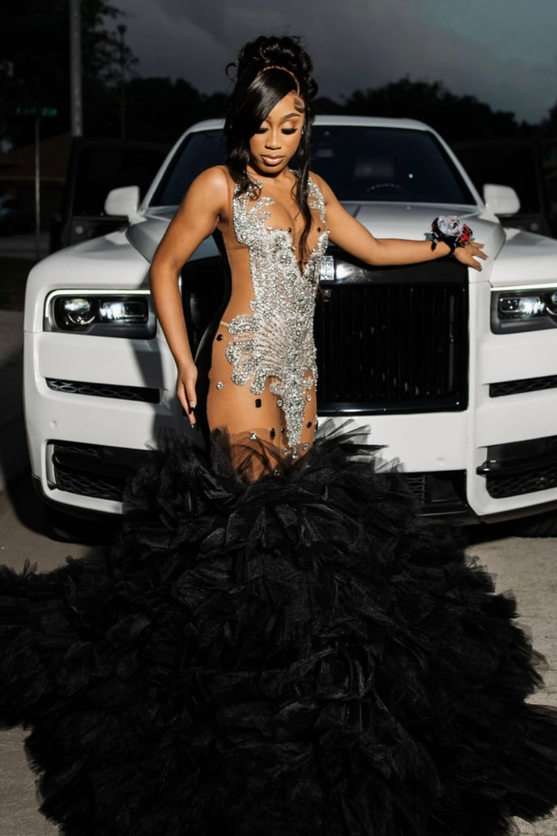 Elegant Mermaid Silver Beading Black Tulle Ruffles Prom Dress